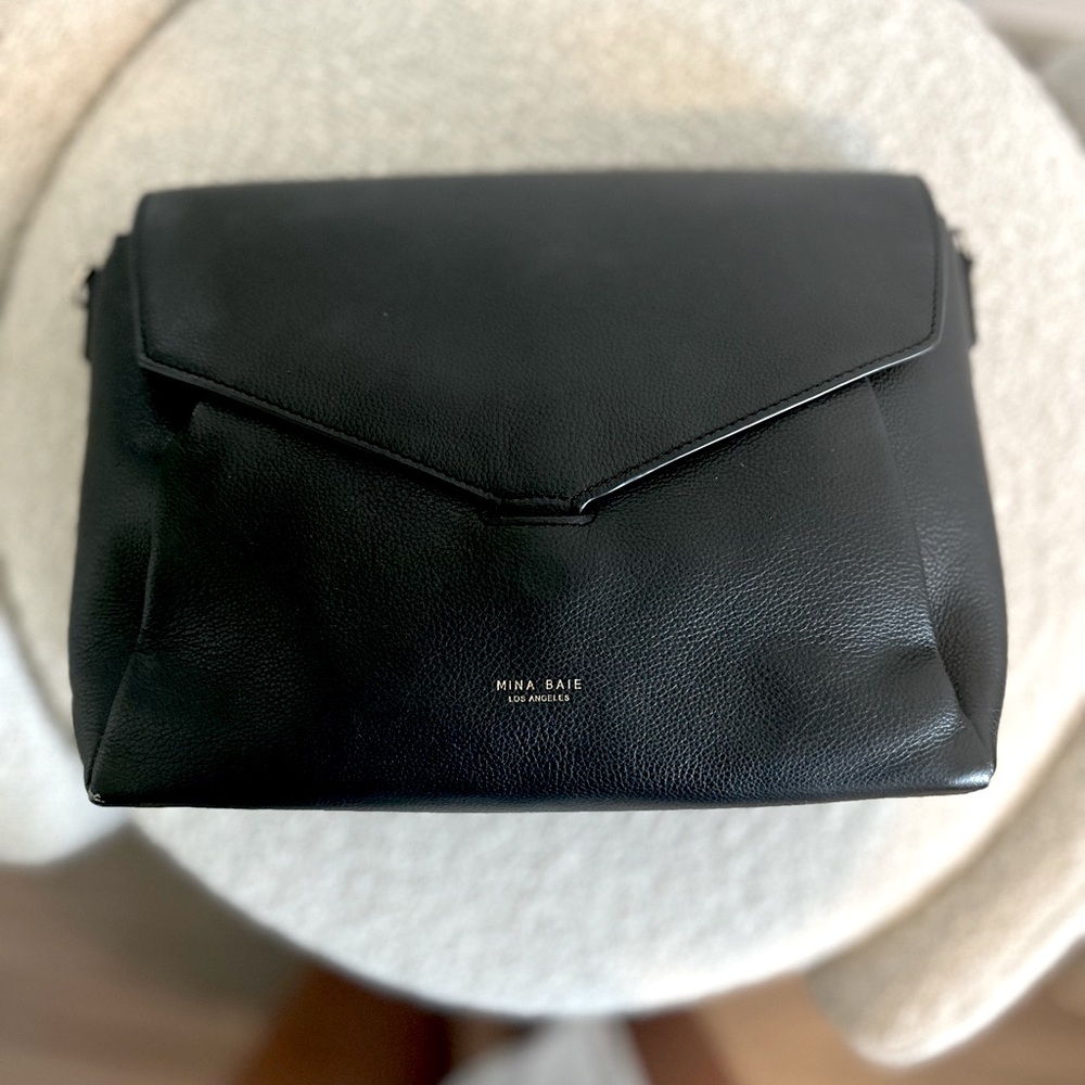 Mina Baie black Audrey envelope top grain pebbled leather handbag crossbody